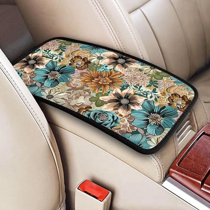 Car Center Console Cover Vintage Floral Auto Armrest Padded Armrest Cushion Leaf Brown Retro Easy Install for SUV Sedan Cars Comfort Protection for Most Vehicle, SUV, Truck, Sedans