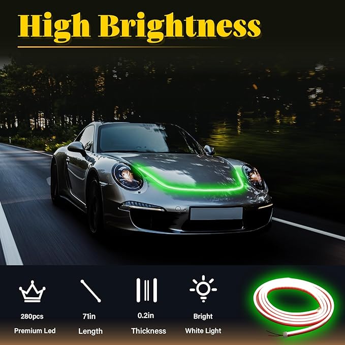 DIBMS 71-inch High-Brightness Car Hood Gap LED Light Strip - Daytime Running Lights Universal Auto Exterior Decor Accessories (Green)