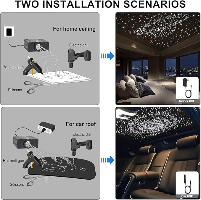 Fiber Optic Car Starlight Headliner Kit, Sound Activated RGBW 16W 450pcs*0.03in*9.8ft Fiber Strands Starlight Kit with APP& Remote Controlled, Star Lights for Ceiling Car Roof/Home Decor