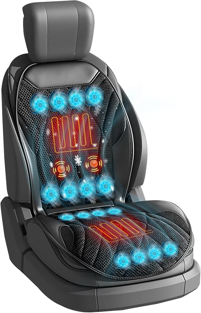 3-in-1 Cooling Car Seat Cushion with Massage, 16 Fans Ventilated Seat Cooler, 12V Front Seat Summer Cooling Seat Cover for Car SUV Truck, Fits All Seasons (Black)