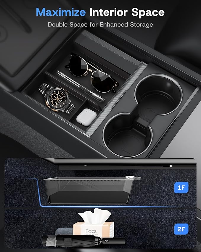 Center Console Organizer Tray for 2025 2026 Tesla Model Y Juniper (Premium & Performance) & All Model 3 Highland, Durable PC +Silent Silicone Liner Armrest Storage Box Wireless Charging Pad 4PCS