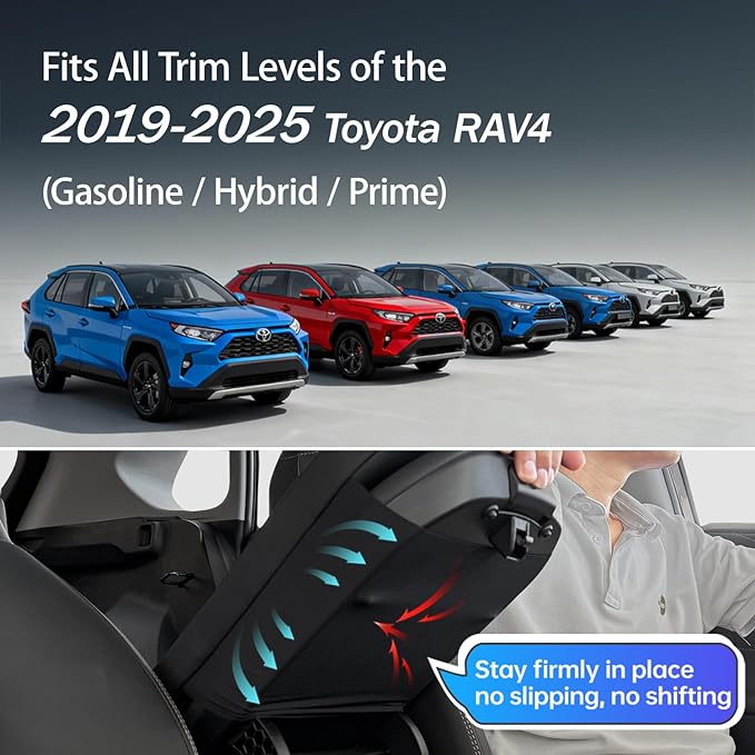 RAV4 Center Console Cover/Pad Fit 2019-2023 2024 2025,Faux Leather Toyota RAV4 Armrest mat,Posture Improving Support Cushion,Protector Console,Waterproof, Wear-Resistant,Flame-Retardant