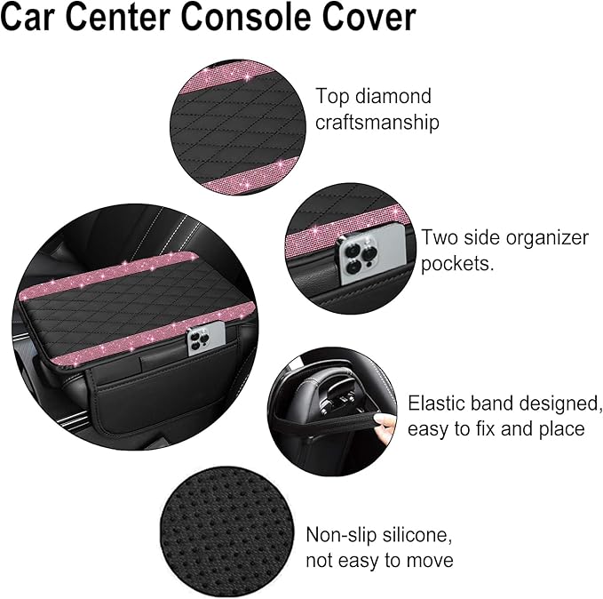 NBTEPEM Bling Car Center Console Cover, Leather Car Arm Rest Cover Cushion with 2 Storage Bags, Universal Automotive Armrest Protector Storage Box, Bling Accessories Interior for Most Vehicles (Pink)