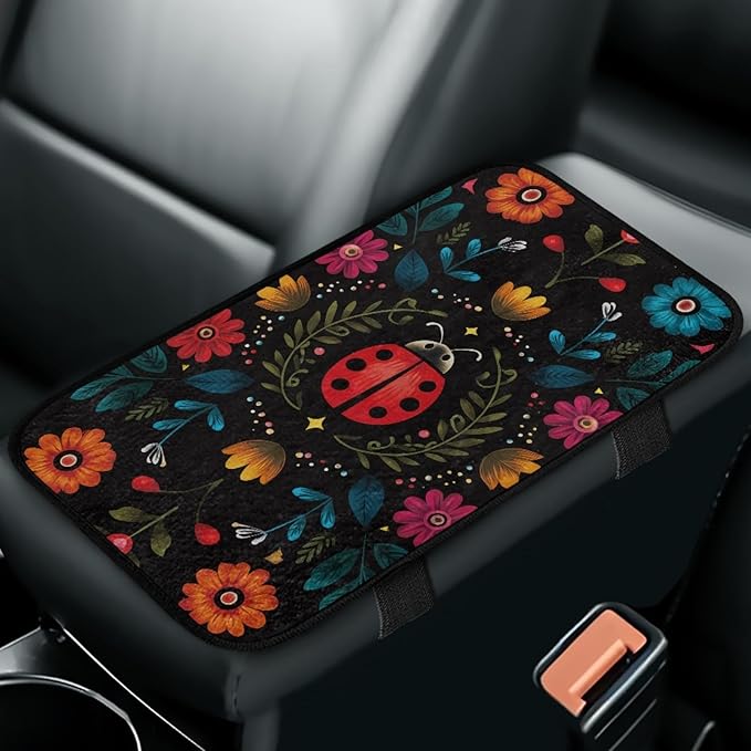 CLOHOMIN Cute Ladybug Center Console Armrest Cover for Car Sedan Van Flannel Car Armrest Cushion Winter Automobile Arm Rest Cushion Pad Flowers Auto Decoration Accessories
