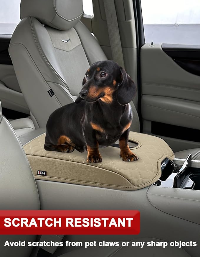 KBH Center Console Armrest Cover for Cadillac Escalade 2015 2016 2017 2018 2019 2020, Vinyl Leather Trim, Middle Console Arm Rest Lid Cushion Pad, Anti-Scratch, Beige