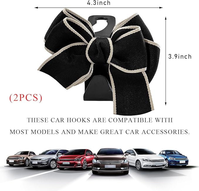 2 PCS Car Seat Headrest Hooks, Cute Bow Shaped Vehicle Backseat Storage Hooks, Leather Bow Shaped Sturdy Car Seat Back Hooks for Purses/Coats/Umbrellas, Car Accessories (White Edge)