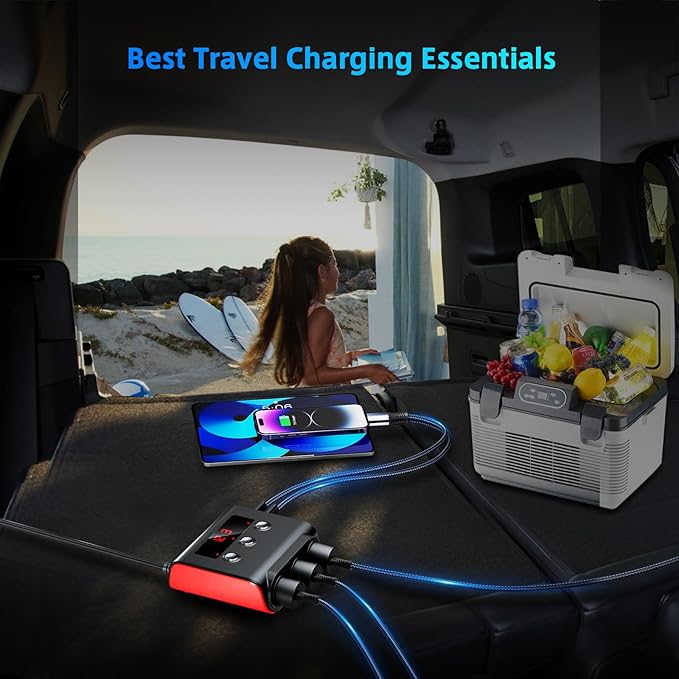 7 in 1 Cigarette Lighter Splitter, SONRU 3 Sockets Cigarette Lighter Splitter with 4 Fast Charging USB Ports, 120W 12V/24V DC Independent Power Switches & LED Voltage Display for All Car Devices