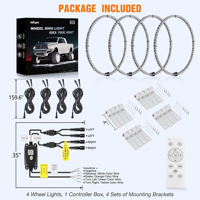 Nilight 4PCS 17inch Double Row LED Wheel Ring Lights Pure White with Remote Control w/Turn Signal Braking and Reverse Function Dual Row for Car Van SUV Truck