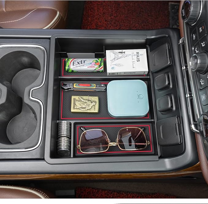 PIMCAR Center Console Organizer Tray for 2014-2018 Chevy Silverado GMC Sierra 1500 & 2015-2019 2500HD/3500HD Models - Custom Fit Storage Insert Accessories - Red Trim