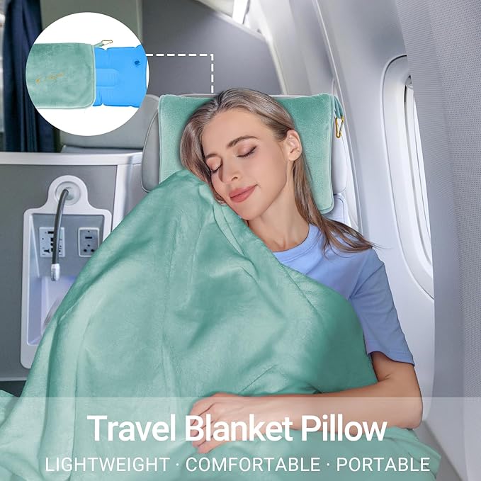 Travel Blanket & Pillow Set, 300 GSM Soft Fleece, 60x43 Inches, 3-in-1 Airplane Blanket, Travel Pillow and Blanket Set, Travel Blanket Airplane Compact with Bag, Travel Essentials,Mint Green