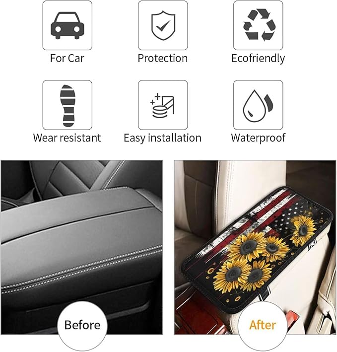 American Flag Sunflower Car Center Console Cushion Pad Rustic Flower Yellow Arm Rest Covers Universal Armrest Seat Box Cover Protector Comfortable Cars Decor Accessories