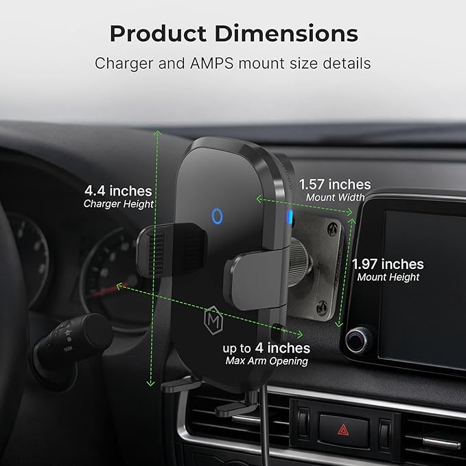 Wireless Magsafe Car Mount Charger - Magnetic Cell Phone Holder with AMPS Plate Mount - Auto Scan & Auto Grip Car Phone Stand - Compatible with Samsung, iPhone, Smartphone- Fast Charger