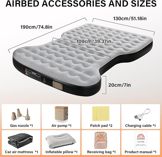 Coverado Tesla Model Y Air Mattress, One Click Self Inflating Tesla Y Sleeping Pad, Wireless Pump & Light Function, 4.5" Thick Comfort Flocking Model Y Air Bed, Tesla Model Y Mattress Fit 2020-2026