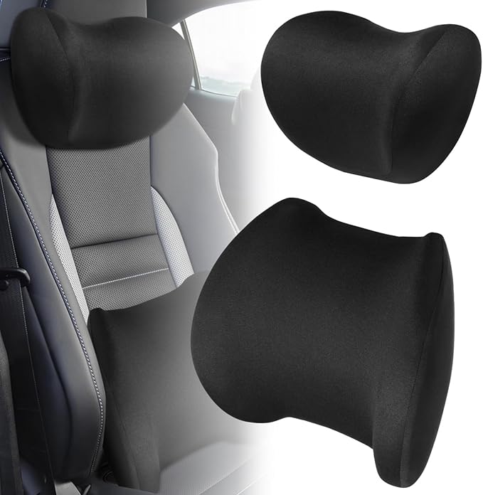 Headrest Lumbar Support Cushion, Car Head and Waist Pillow with Detachable Zipper Cover, Memory Foam for Car Seat, Black