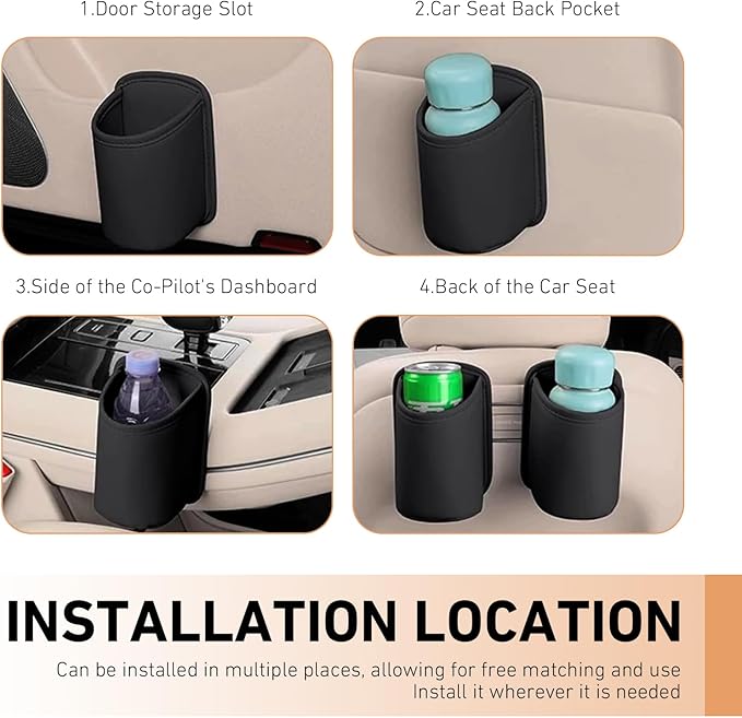 2 PCS Car Door Cup Holder, Multifunctional Leather Storage Bag Trash Can, Waterproof Side Door Pocket for Beverage Water Cup Mobile Phone, Fit for Most Cars Trucks (Black)