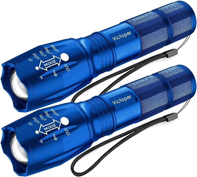Victoper LED Flashlight 2 Pack Blue, Bright High Lumens Tactical Flashlights High Lumens with 5 Modes, Waterproof Zoomable Flash Light for Outdoor, Gifts for Father's Day Camping Essentials Gear