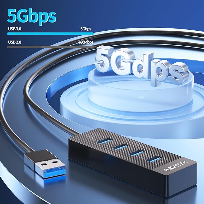 10Ft 4-Port USB 3.0 Hub for Desktop, USB Extender Hub 5Gbps, USB Multiport Adapter, USB Splitter w/Long Cable for Desktop, PC, Flash Drive, Mobile HDD, USB Fan (10 Foot / 3m)