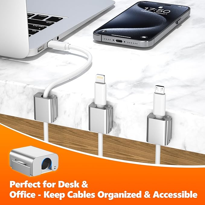 AGVEE 8 Pack Magnetic Cord Organizer Clips, 10mm Ultra-Thin Aluminum Cable Management Holder, 2 Pairs of Strong Magnets Keeper for Home Desk Office Gadgets Accessories, Residue-Free Tape, Silver