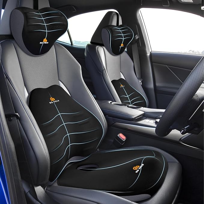 NS YOLO Ergonomic Car Seat Cushion with Comfort Memory Foam Neck Pillow, Car Pillow,Lumbar Support and Big Size Soft Seat Cushion for Driving Seat,Office Chair and Wheel Chair (Black and Grey-3 pcs)
