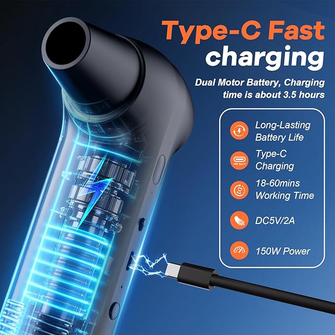 Compressed Air Duster, 2-in-1 Air Duster & Vacuum with 130000RPM Brushless Motor, 150W Electric Air Duster Rechargeable, 3-Gear Adjustable Air Blower for Keyboard,Computer,Car,Home,Outdoor Cleaning