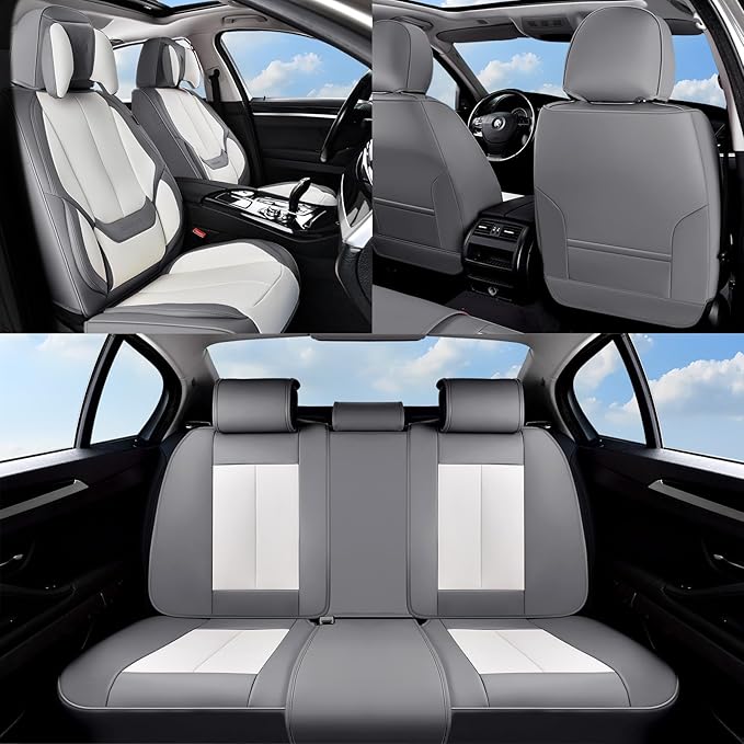 Coverado Seat Covers, Car Seat Covers Front Seats, Car Seat Cover, Car Seat Protector Waterproof, Seat Cushion Nappa Leather with Head Pillow, Carseat Cover Universal Fit for Most Cars (Gray&White)