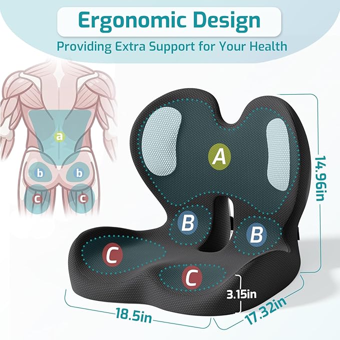 Ergonomic Seat Cushion,Office Chair Cushion with Lumbar Support Pillow,Car Orthopedic Seat Cushions,Designed for Sciatica,Tailbone,Back Pain Relief,for Office,Car,Truck,Home,Desk Chair