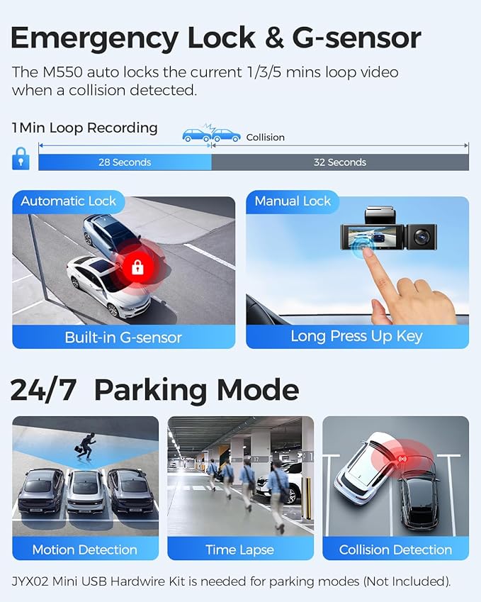 AZDOME M550 3 Channel Dash Cam, 4K+2.5K Front and Rear, 2.5K+1080P+2.5K Front Rear Inside Triple Car Camera Built-in WiFi GPS, 64GB Card Included, 3.19" Screen, WDR IR Night Vision, 24H Parking Mode
