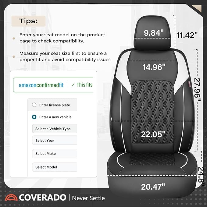 Coverado Car Seat Cover, Car Seat Covers Front Seats, Waterproof Car Seat Covers, Car Seat Cushion, Front Seat Covers Faux Leather Driver Car Seat Protector Fit for Most Cars Trucks SUV, Black&White