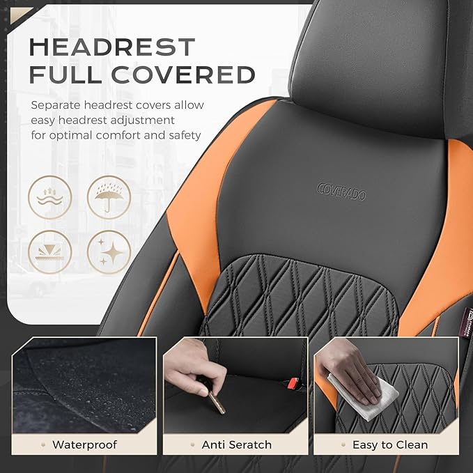 Coverado Seat Covers for Cars, Seat Covers Full Set, Waterproof Seat Covers, Car Seat Covers Front Seats and Back, Car Seat Cushion, Car Seat Protector Universal Fit Most Cars Trucks SUV, Black&Orange