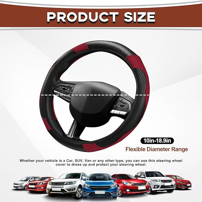 15" Car Steering Wheel Cover, Carbon Fiber Leather Stitching Elastic Steering Wheel Protector, Anti-Slip/Breathable/Durable/Soft, Interior Accessories for Most Cars (Carbon Fiber Black +Wine Red)