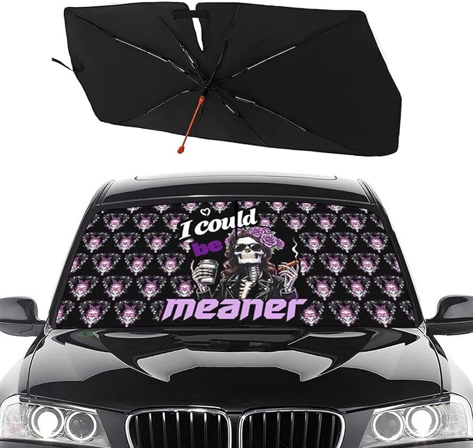 Socira I Could Be Meaner Funny Skull Car Windshield Sunshade Umbrella Foldable Umbrella Sun Shade Windshield Cover Sunshade Car Accessories Blocks Uv Rays Keeps Cool (57" X 30")