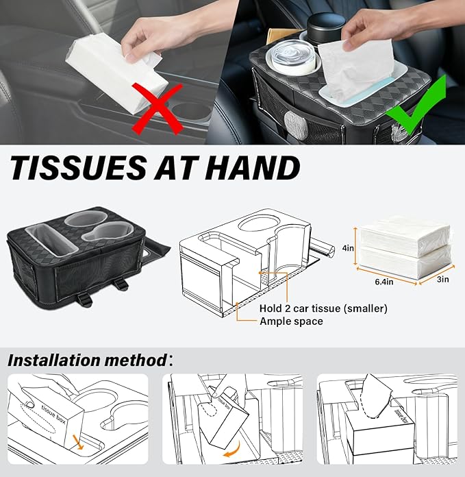 Center Console Cup Holder, Universal Car Armrest Storage Box with Bottle Holder & Tissue Slot & Side Pockets, Car Back Seat Truck Boat Couch Organizer PU Leather