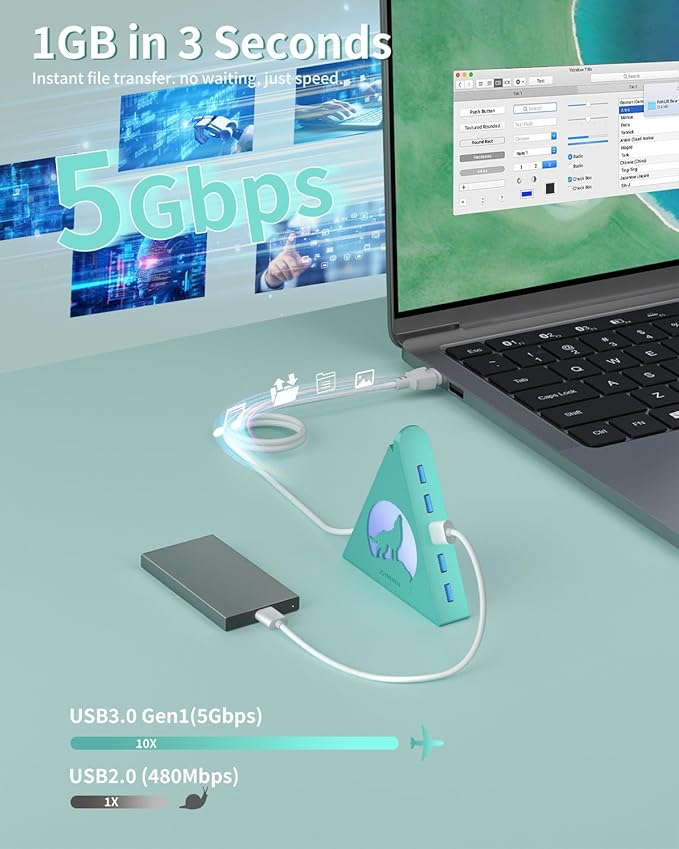 Green 7-Port USB 3.0 Hub,Vertical USB Hub Tower with RGB Lighting & 5Gbps Data Speed, 2FT Cable - Gaming USB Hub Splitter for PC, Desktop, Laptop, PS5, Xbox, Flash Drives