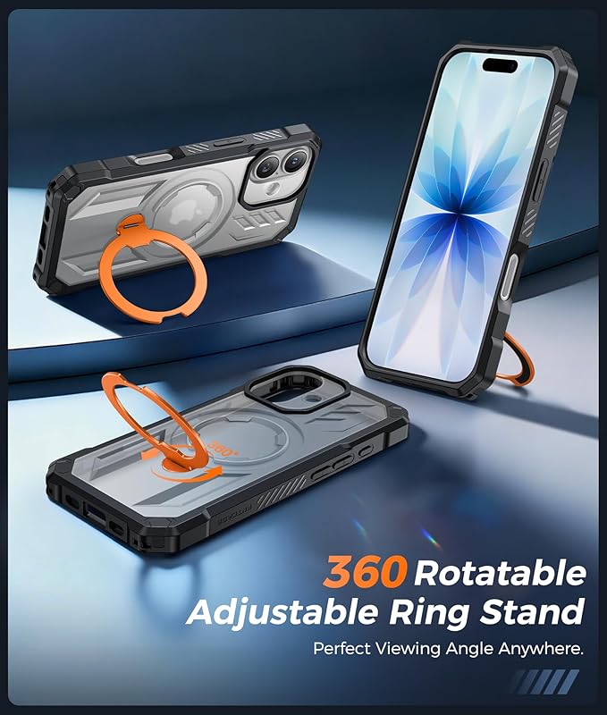 FNTCASE for iPhone 17 Phone Case: [360 Spin Magnetic Ring Kickstand] [Compatible for MagSafe] [Screen Protector] Heavy Duty Military Grade Protection Protective Phone Case with Stand Orange