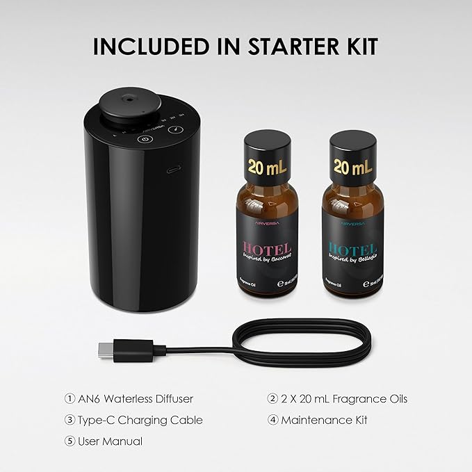 Airversa Waterless Essential Oil Diffuser Starter Kit with 2x20mL Hotel Fragrance Oils for Car Home Office, Cordless Battery Operated Scent Air Cool Mist Diffuser, Mist & Timers, AN6Kit-B Black