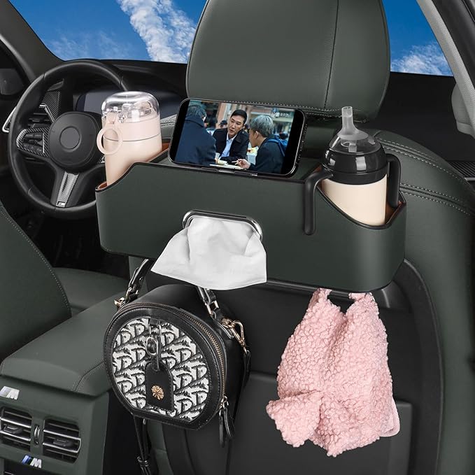 HOLDCY Car Back Seat Organizer with 2 Drink Cup Holder - Tissue Box and Storage Box Hook - Multi-functional Storage - Great for Kids and Travel (Green)