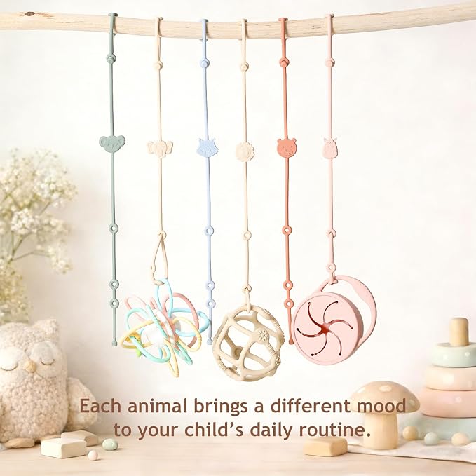 ROCCED Toy Straps for Baby 6pcs, Silicone High Chair Toys Straps Stroller Accessories Toddler Bottle Strap Car Seat Toys Baby Travel Essential Silicone Ivory+Sage+Blue