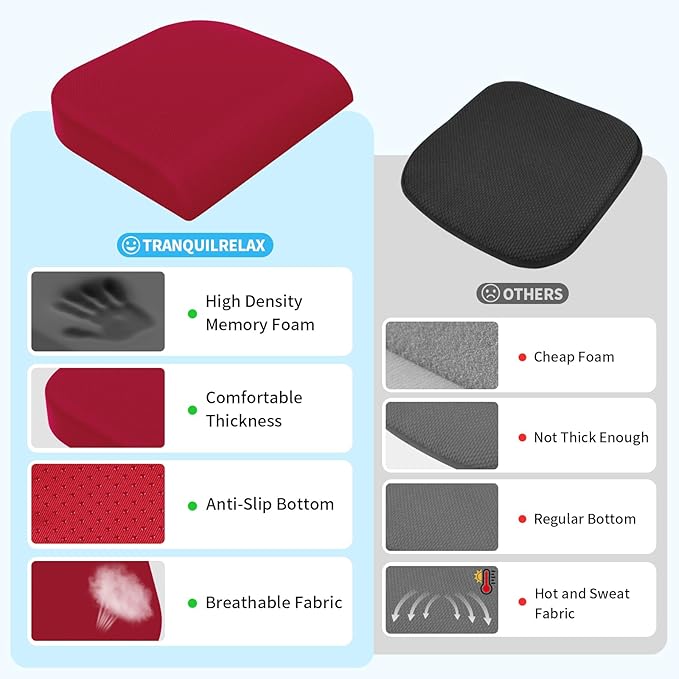 XLarge Seat Cushion, Memory Foam Cushion for Long Sitting Hours on Office Chair, Home & Car, Non-Slip Chair Pad for Relieving Back & Sciatica & Hip & Coccyx Pain (Red)