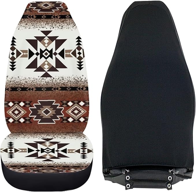 ELEQIN Car Seat Covers Two Front Only for Car, Brown Aztec Geometric Automotive Interior Covers, Quick Setup Universal Fit Seat Covers for Car, Truck, SUV