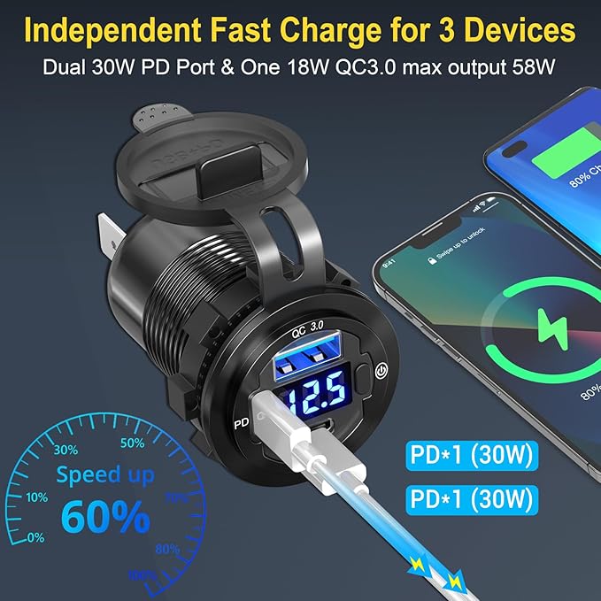 Qidoe 78W 3 Port USB C 12V Outlet Dual PD 30W & 18W USB A Port with Voltmeter Lengthened Aluminum Body Switch Waterproof Car Charger Socket for Car, Boat, Marine, RV