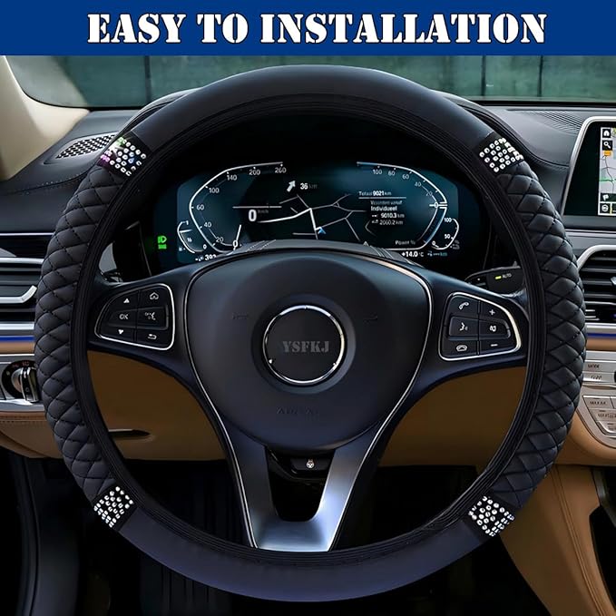 Soft Leather Car Steering Wheel Cover, Universal 15 Inch Colorful Rhinestones Anti-Slip Elastic Steering Wheel Covers for Most Cars, Sparkly Crystal Diamond for Women Girls (Black)