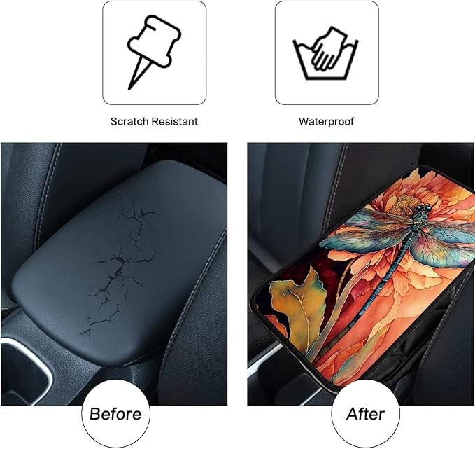 Car Armrest Cover Pads Universal Fashion Cute Auto Center Console Armrest Cover Pad with 2PCS Car Coasters Soft Waterproof Car Armrest Seat Protector for Women Girls, Dragonfly
