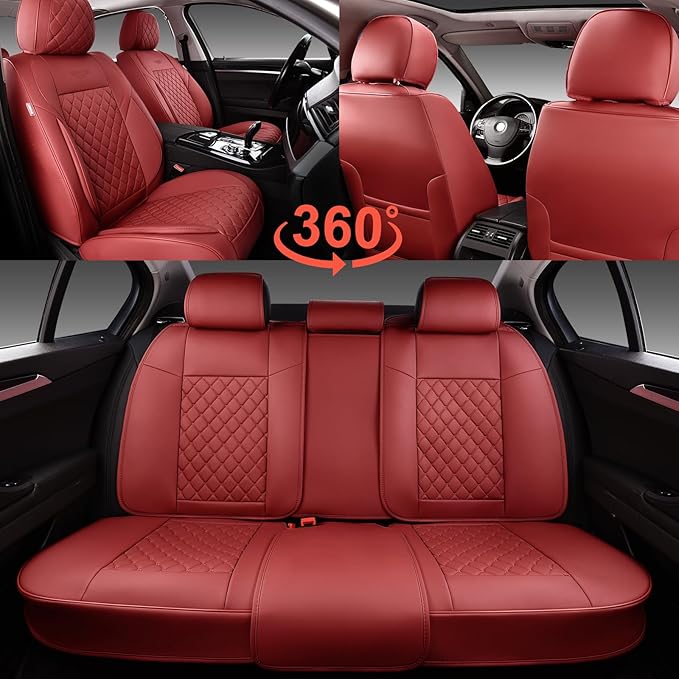 Auto Car Seat Covers Full Set Leather Cushion Protector Breathable Waterproof Seat Cover for Cars Universal Fit (Wine, Full Set Without Headrest)
