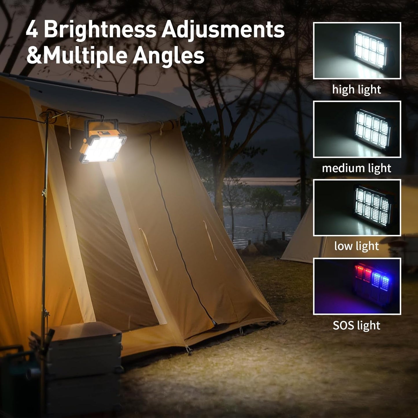 120W Solar Rechargeable Work Light, 144 LED 10000LM Led Work Light with 4 Modes, Portable Flood Light with Stand, IP66 Waterproof Outdoor Working Light for Emergency Mechanic Camping Repair (Yellow)