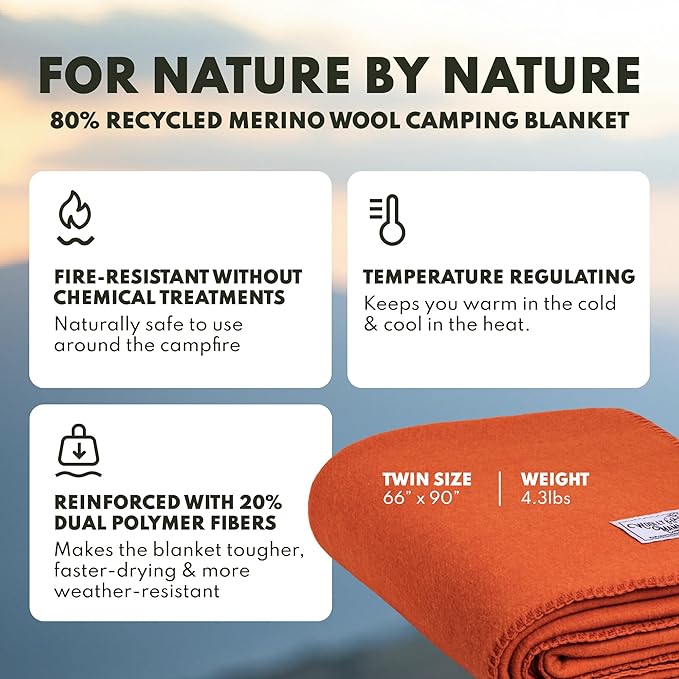 Woolly Mammoth Woolen Company Merino Wool Blanket - 80% Merino Wool - Camping Blankets for Cold Weather - Mositure-Wicking for Overlanding, Hunting, Emergency Kits, Bushcraft (66" x 90" Ember)
