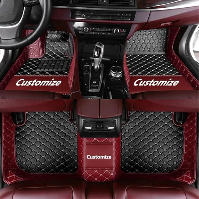 Custom Car Floor Mat Compatible with 97% Car Models Luxury Leather All Weather Waterproof Anti-Skid Full Coverage Car Mats (Wine with Black)