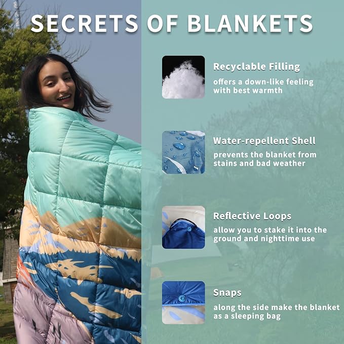 zzlamb Camping Blanket for Cold Weather,Outdoor Puffy Blanket Portable Down Alternative,Windproof Warm Cloak with Snaps,Cozy Quilt Backpacking Picnic RV Travel Plane Car Hammock Beach Climbing