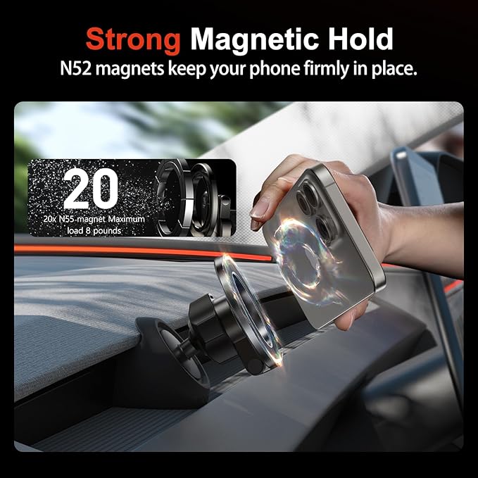 YONZEE Magnetic Phone Mount Compatible with 2025-2026 Model Y Juniper and 2024-2026 Tesla Model 3 Highland, Dashboard Ball Joint Base, Strong Magnetic Ring, 360° Rotation