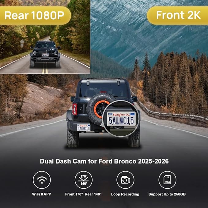 Fitcamx Front 2K+Rear 1080P Dash Cam Adapts for Ford Bronco 2025-2026 & Bronco Rapor (HD2-D8300), Integrated OEM Look, Dual HD Video, WiFi & APP, Loop Recording, G-Sensor, Easy to Set, 64GB Card