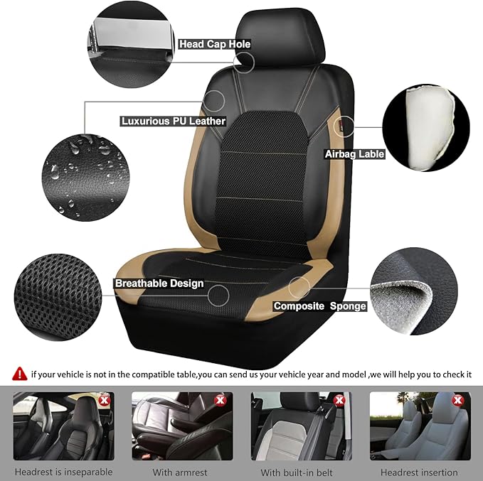 CAR PASS Leather seat Covers,Automotive Universal Sport car seat Cover Super 5mm Composite Sponge Inside,Airbag Compatible fits Most Cars, SUVs, Trucks, and Vans (Full Set,Black and Beige)